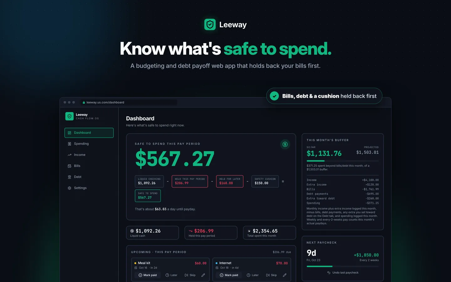 Leeway: Safe to Spend dashboard