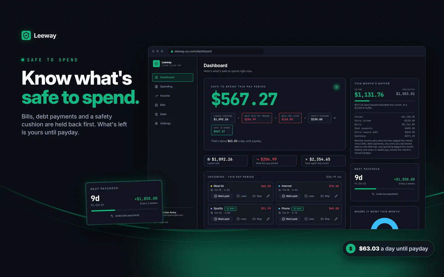 Leeway app screen: Safe to spend