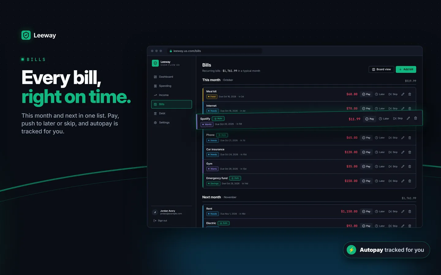 Leeway app screen: Bills