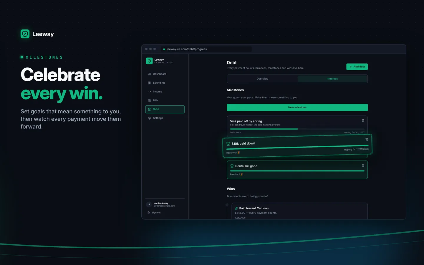 Leeway app screen: Milestones