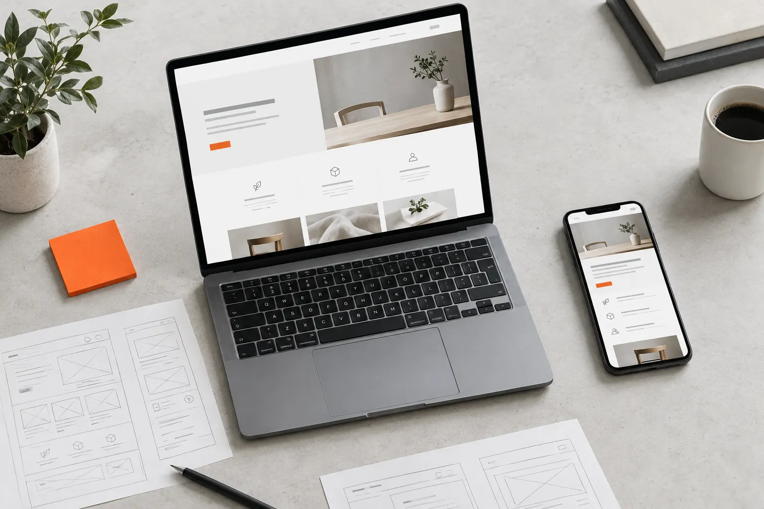 A laptop and phone on a desk showing a clean small-business website, with wireframe sketches nearby