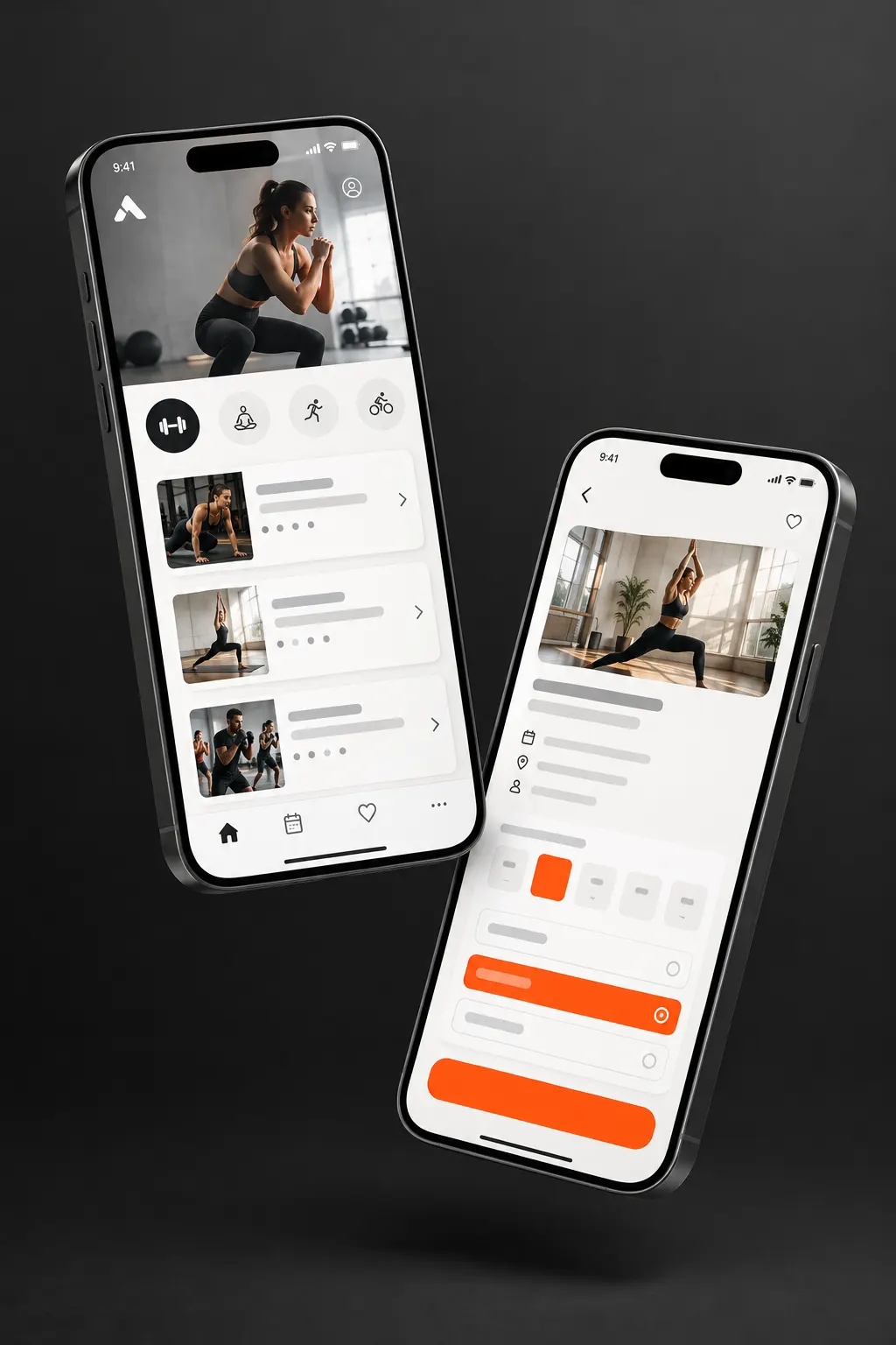 Concept: a fitness class booking app on two phones